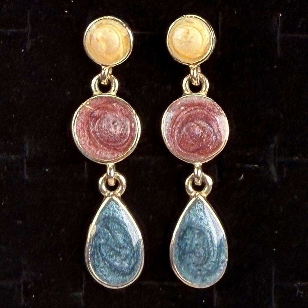 Vintage multicolor enamel purple blue cream pierced drop earrings
